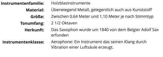 Instrumentenfamilie: Material: Größe: Tonumfang: Herkunft:  Instrumentenklasse: 				 Holzblasinstrumente Überwiegend Metall, gelegentlich auch aus Kunststoff Zwischen 0.64 Meter und 1,10 Meter je nach Stimmtyp 2 1/2 Oktaven Das Saxophon wurde um 1840 von dem Belgier Adolf Sax erfunden Aerophone: Ein Instrument das seinen Klang durch Vibration einer Luftsäule erzeugt.